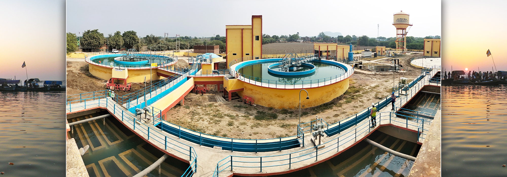 Urban water treatment facility with distribution network and quality monitoring systems